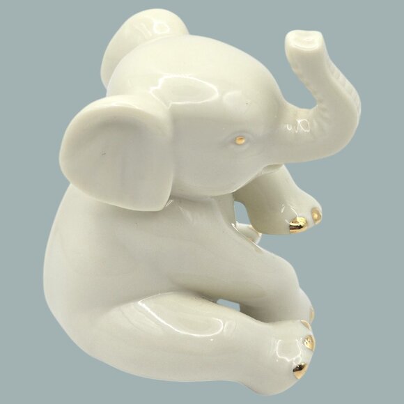 Lenox Porcelain Sitting Baby Elephant Figurine Cream With Gold Accents Trunk Up - Picture 3 of 9